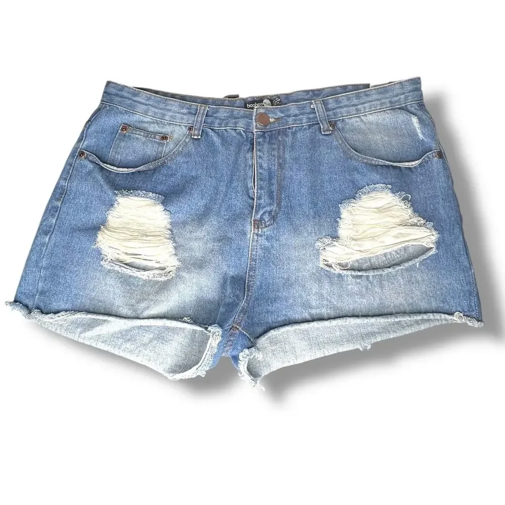 Boohoo High Rise Destroyed Raw Hem Denim Jean Shorts Size 14